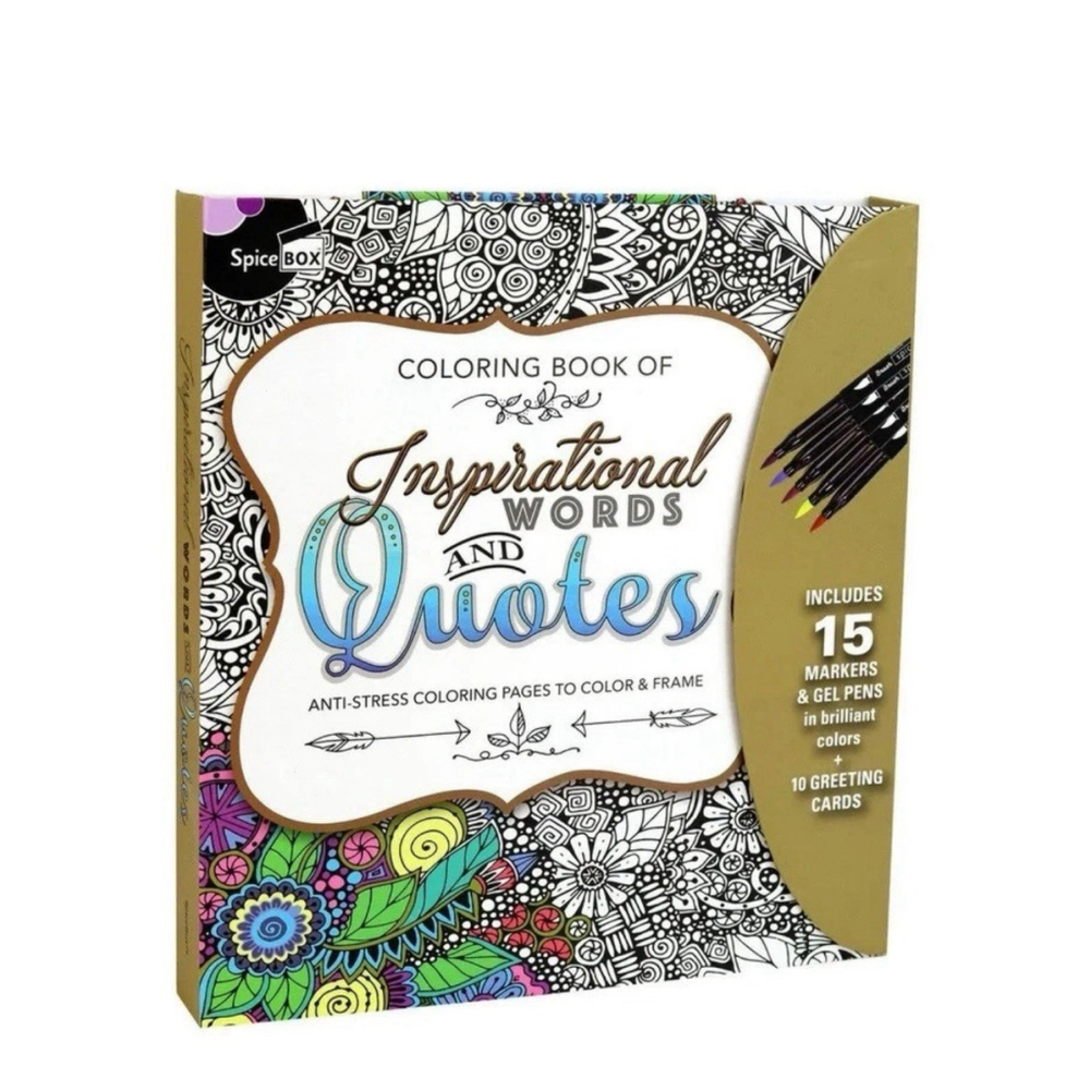 Inspirational Words Adult Anti-Stress Coloring Pad + Markers/Pens/Cards Set